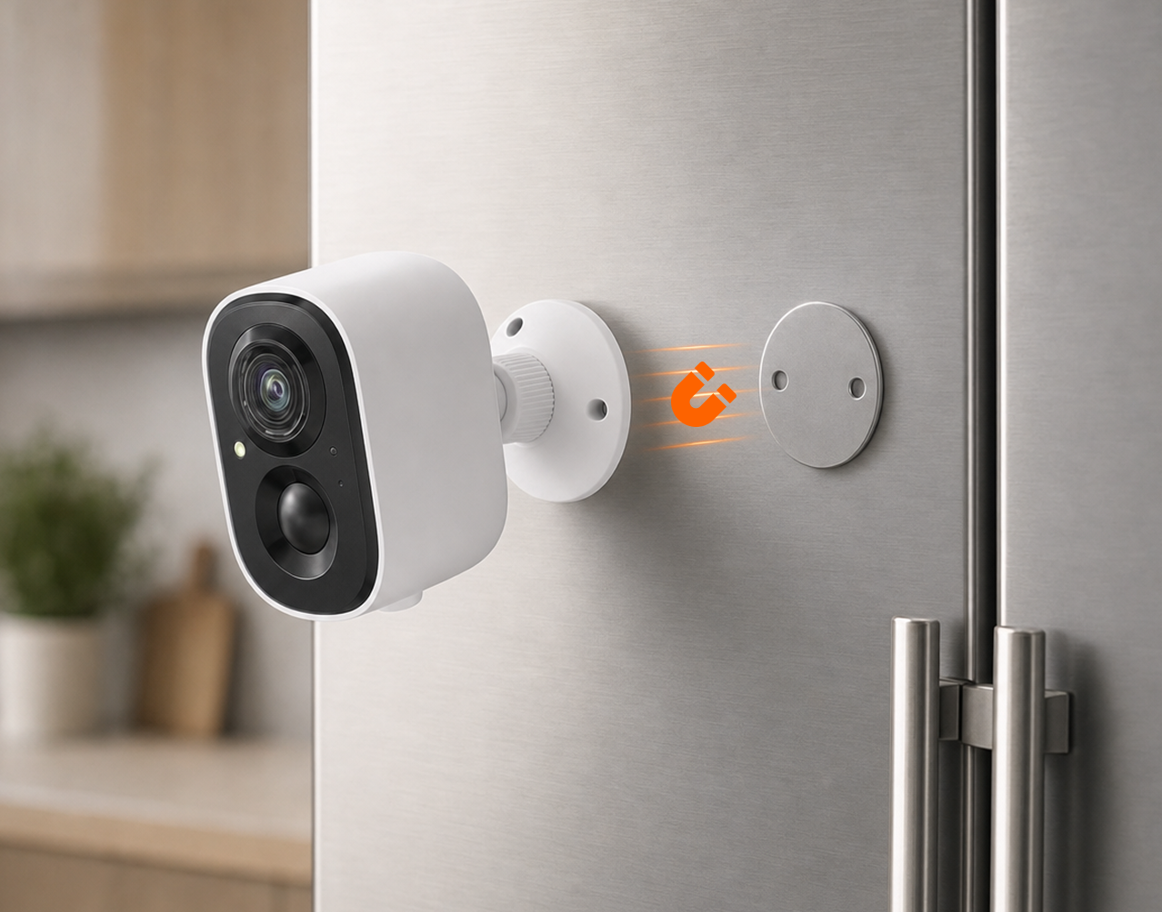 Camera attaching magnetically to a refrigerator