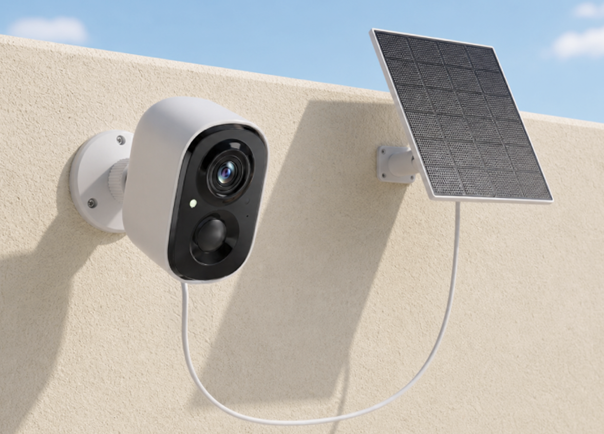 Battery camera connected to an optional solar panel